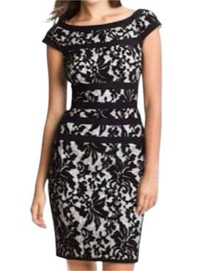 Tadashi Shoji (Designer) Black/White Lace Overlay Cap Sleeve Pencil Dress (6/8)